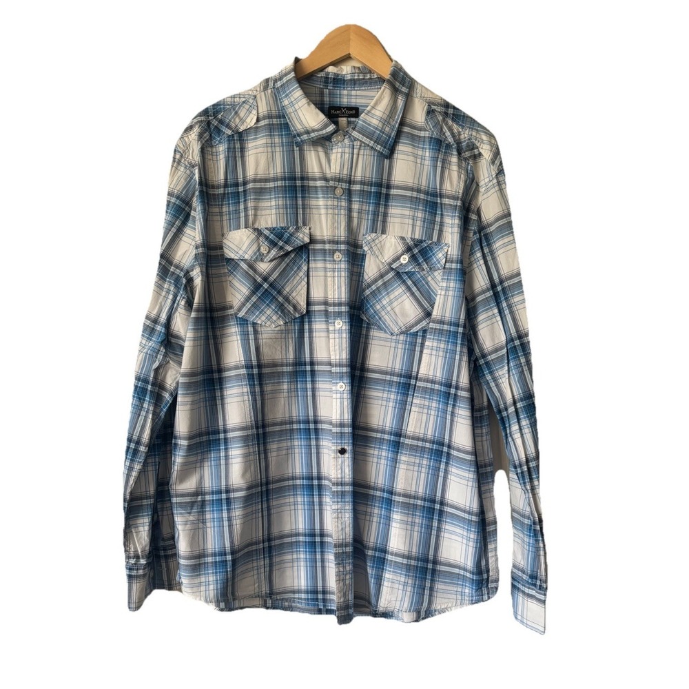 Marc Echo Cut And Sew Men's Long Sleeve Plaid Button Down Shirt Blue & White XL